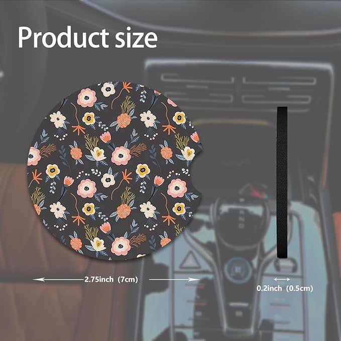 2pcs Cute Red Flowers Car Coasters,Absorbent Universal neoprener Cup Holder Coasters with a Finger Notch,Car Accessories for Women&Man Interior，2.75" 5