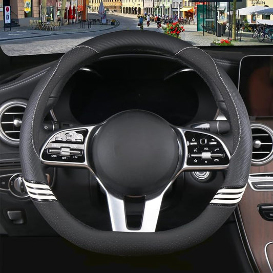 15 inch Cute Leather D Shape Steering Wheel Cover Black | Breathable Faux Leather and Carbon Fiber Flat Bottom Car Accessories for Women Men Universal 14.5 inch to 15 inch