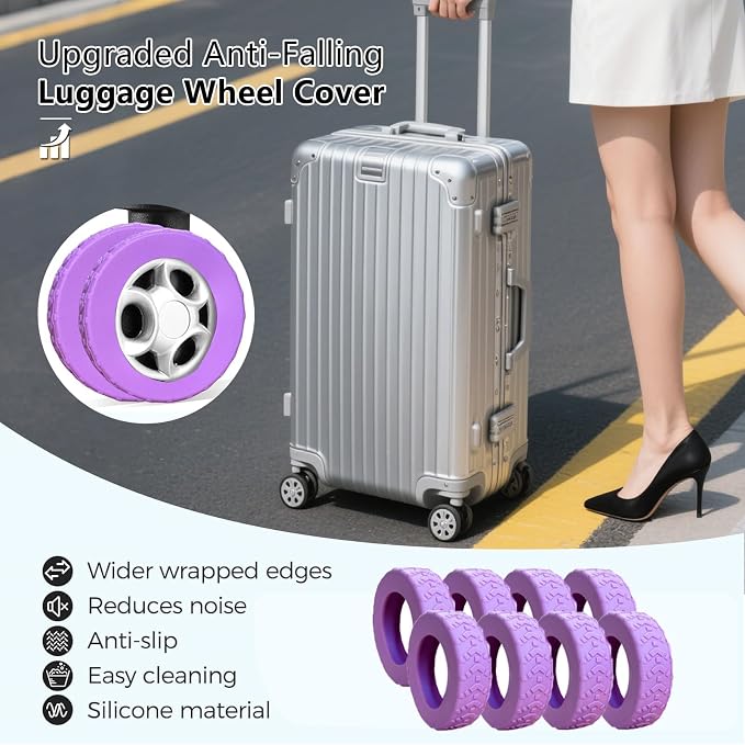 8 Pcs Luggage Wheel Covers, Anti-Noise, Fits 2-2.4" suitcase wheel,Purple | suitcase wheel covers， Widened & Thickened Silicone, Anti-Noise & Scratch-Proof, Fits 2-2.4" Carry-On Luggage Wheels