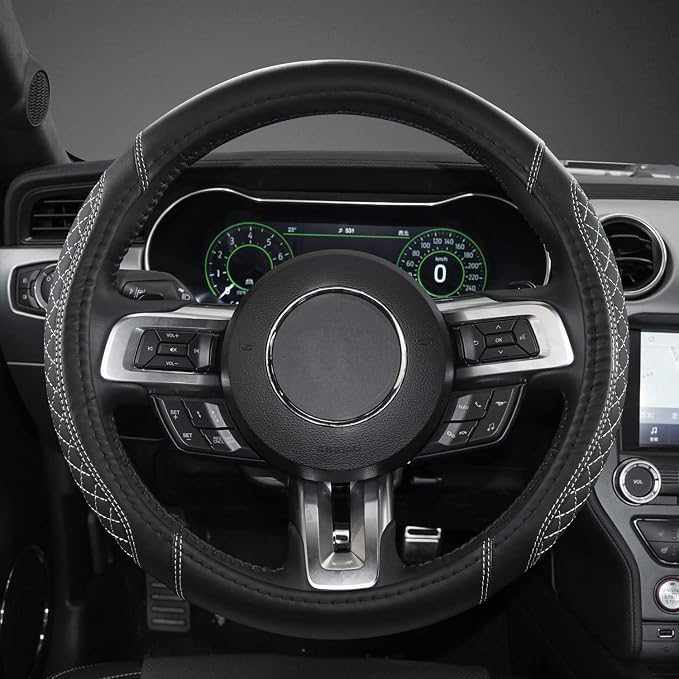 West Llama Car Steering Wheel Cover for Ford Escape,Explorer,Fusion,Focus,Bronco,Transit,Edge(Diamond Quilted - Black+Gray- Standard Size)