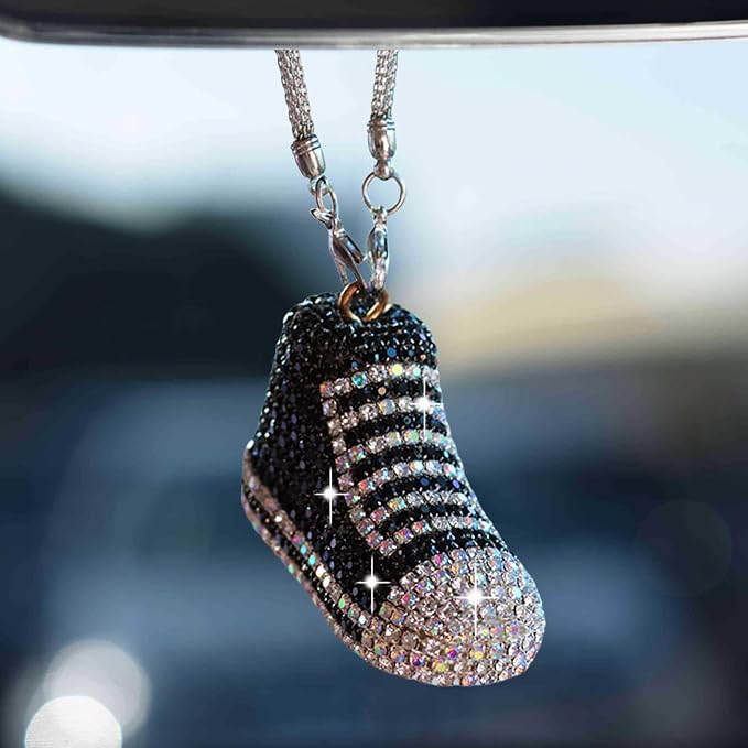 Bling Sneaker Shoe Sparkly Car Hanging Ornament, Cute Crystal Rear View Mirror Pendant, Diamond Rearview Mirror Charms, Lucky Car Interior Decor Accessories (Black)