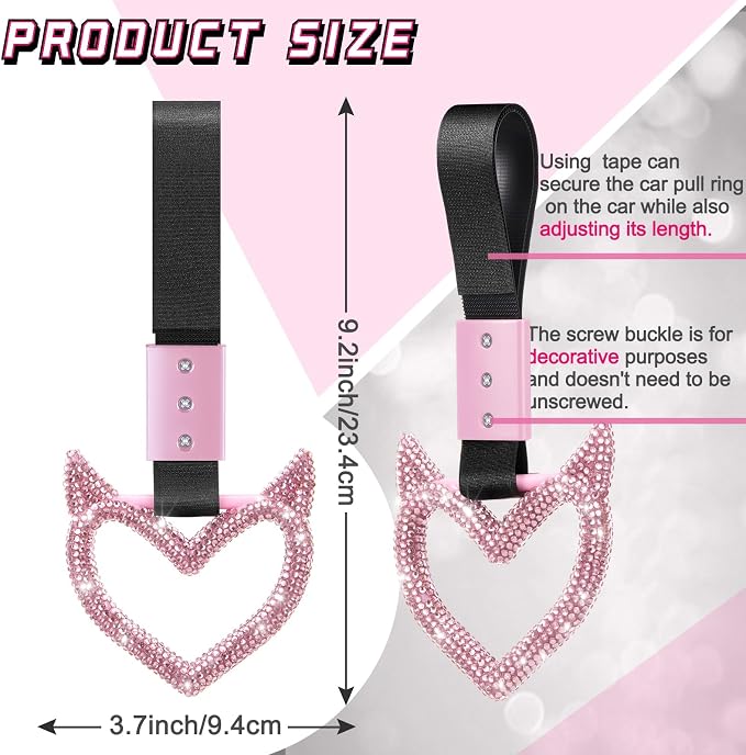 Fabbay Glittery Car Accessories Bling Heart Handle Ring Car Accessory for Women Heart Hand Strap Drift Charm Rear Bumper Warning Ring Decor for Bus Interior Exterior Decoration (Pink, Devil Style)