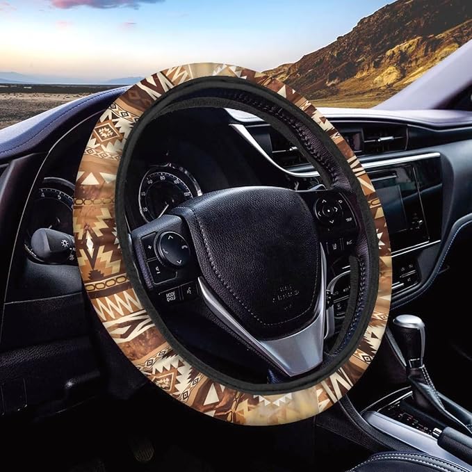 Wanyint Auto Steering Wheel Cover Universal Stretch 15 Inch Anti-Slip Neoprene Car Steering Wheel Protector for Women Men, Aztec Navajo Geometric Brown