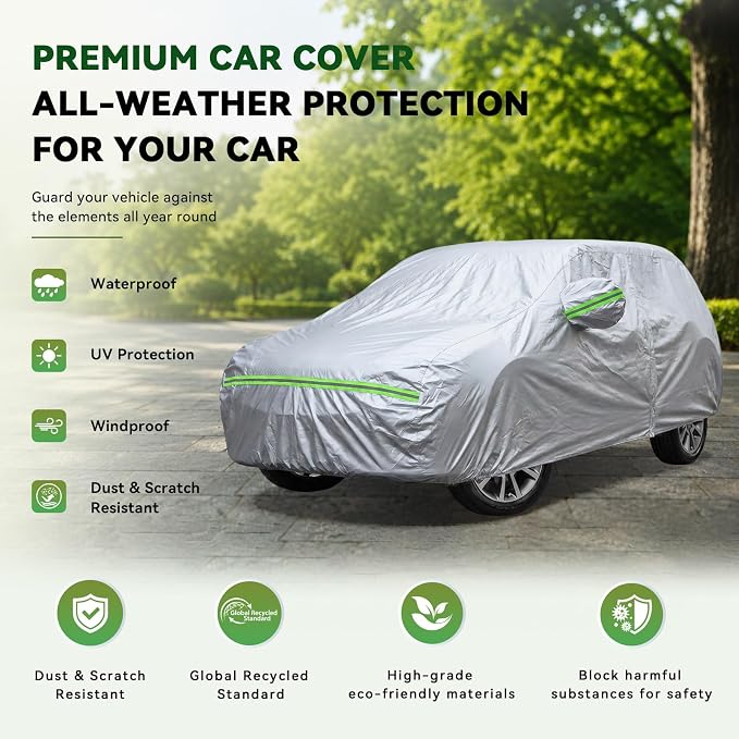 AUQDD 6-Layers Premium SUV Car Cover Waterproof All Weather Weatherproof UV Sun Protection Snow Dust Storm Resistant Outdoor Exterior Custom Form-Fit Full Padded Car Cover with Straps 214-232 K11…