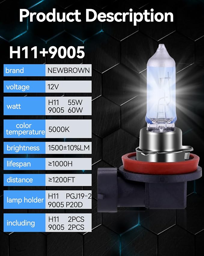 NEWBROWN H11 & 9005/HB3 Headlight Bulbs Combo, 5000K Super White Light Long Life Replacement Halogen Headlight Bulb (H11 & 9005, 4 Pack)
