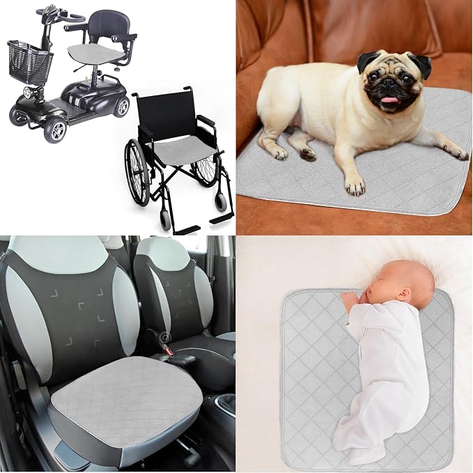 Waterproof Chair Pads for Incontinence 22" x 21", 4 Pack Non Slip Absorbent Wheelchair Reusable Seat Protector, Washable Seat Covers for Chairs, Gray