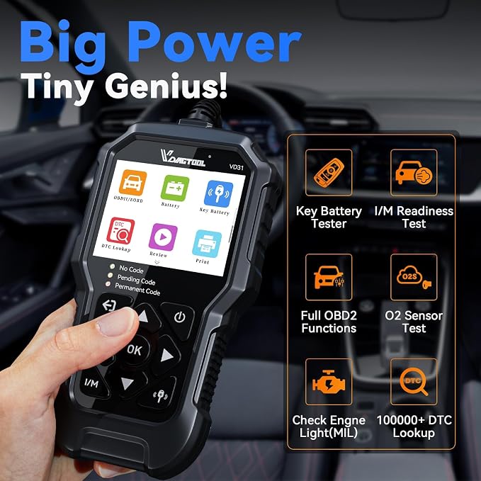 VDIAGTOOL VD31 Enhanced OBD2 Scanner, 3-in-1 Check Engine Code Reader, OBD2 Scanner Diagnostic Tool with Car Battery Tester & Car Key Battery Tester, Car Code Reader for Cars and Trucks All Cars 1996+