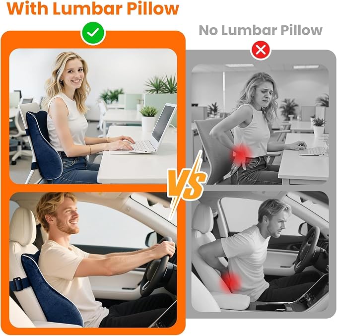 CloudBliss Ergonomic Lumbar Support Pillow Seat Cuhsion - Memory Foam for Lower Back Pain Relief, Adjustable Straps & Mesh Cover for Office, Gaming, Car Seat (Medium, Blue)