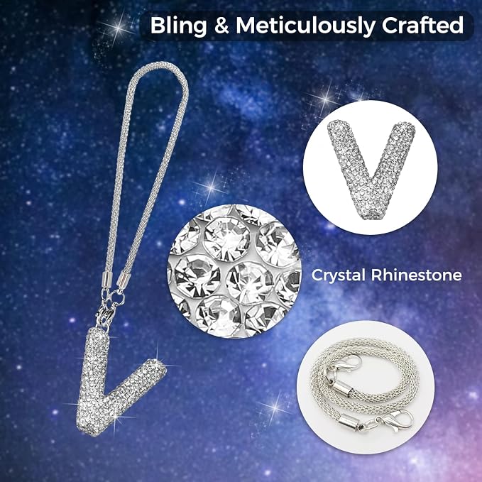 Bling Car Accessories for Women Letter Charm, Rear View Mirror Ornament Cute Hanging Crystal Pendant Girl Car Decorations, Lucky Diamond Rhinestone Girly Charm Interior (White V)