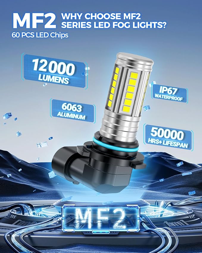 Marsauto H10 9145 Led Fog Light Bulbs, 12,000 LM 360° Illumination Upgraded 60 Pcs Chips 9045 9140 Fog Lights Led, 6500K White Strong Penetration H10 Led Fog Light Bulbs for Car,Tire Light Assemblies