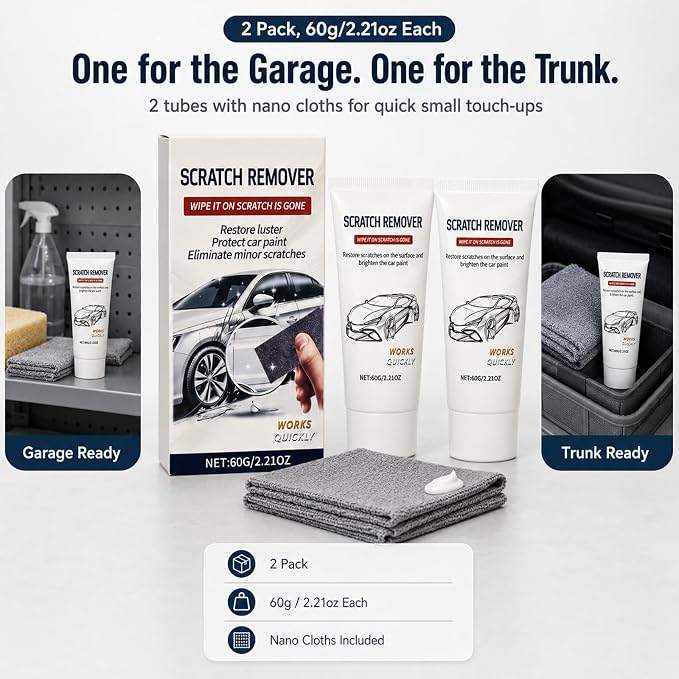 Car Cloth Scratch Remover Paste Kit for Vehicles, 2 Pack | Car Scratch Remover, 60g/2.21oz Each with Nano Cloths for Light Scratches, Scuffs, Swirl Marks, Water Spots & Paint Gloss