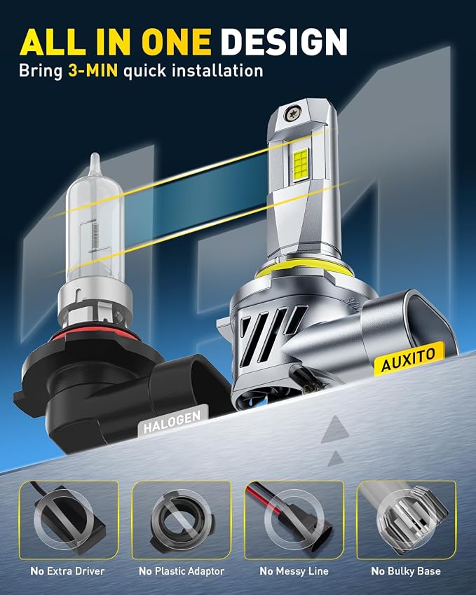 AUXITO 9005 HB3 Light Bulbs, 50000LM 6500K Cool White, Plug and Play CANbus Ready No Flicker, Pack of 2