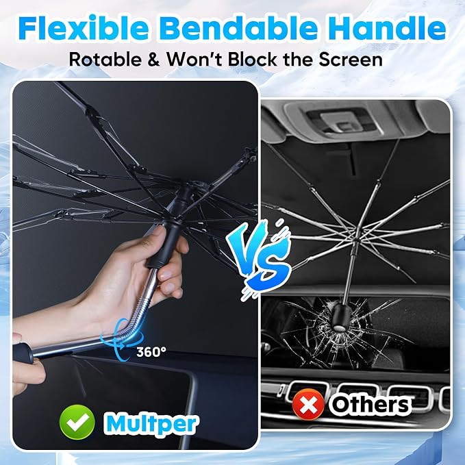Multper Car Windshield Sun Shade - Reflective Foldable Sunshade Umbrella for UV Rays & Heat Protection, 360° Rotation Bendable Front Window Shield Easy Storage & Keeps Interior Cooler - 55"*31.5"