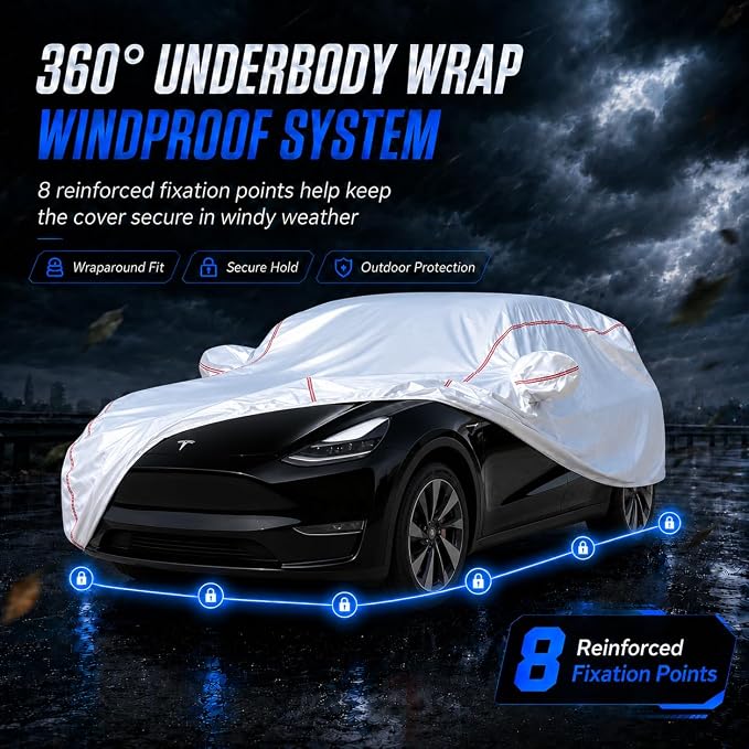 Waterproof All Weather Heavy Duty Vehicle Cover, 360° Underbody Wrap Windproof Design, Quick Install Outdoor Cover,（for Tesla Model Y 2020-2025）