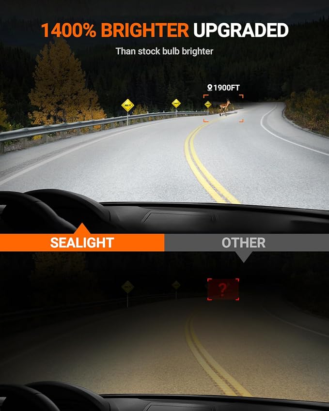 SEALIGHT H13 Bulbs, 90,000LM 14X Brightness, 9008 H13 6500K Cool White LED Bulbs, IP68 Waterproof 70000Hrs Lifespan, 5X Heat Dissipation driving LED Bulbs, Plug and Play, 2 Pack