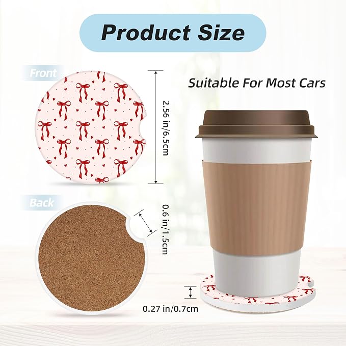 Cute Red Bow Car Coasters for Cup Holders,2 Pack Car Cup Holder Coasters for Car,Ceramic Absorbent Car Coaster with A Finger Notch and Cork Base,Car Interior Accessories for Women Men
