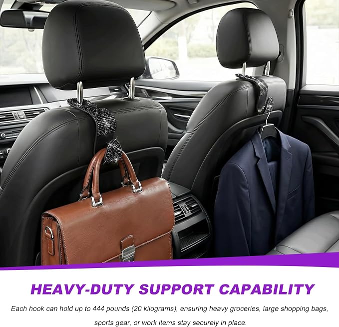 4 PCS Car Seat Headrest Hook, Crystal Rhinestone Seat Hanger Auto Interior Purse Holder, Bling Vehicle Backseat Hangers for Grocery Bags Handbags Coats, Car Accessories (Black)