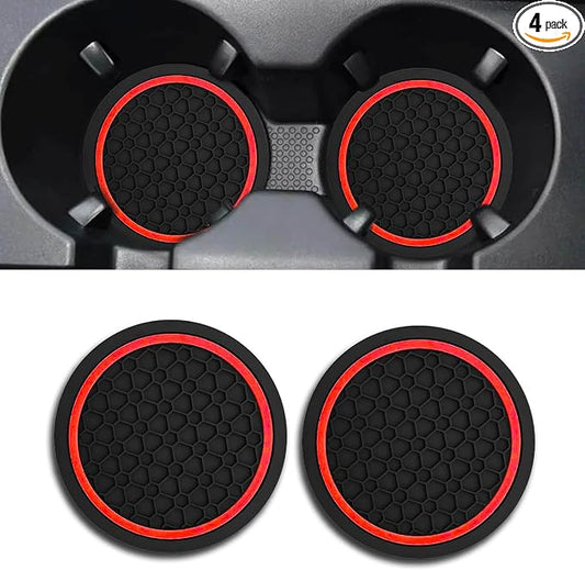 Car Cup Holder Coasters, Dustproof Automotive Interior Accessories Mat,2.75 Inch Non-Slip Insert Water Bottle Holder Pads, Universal for Vehicles, Trucks, RVs and More (Black/Red, 2PCS)