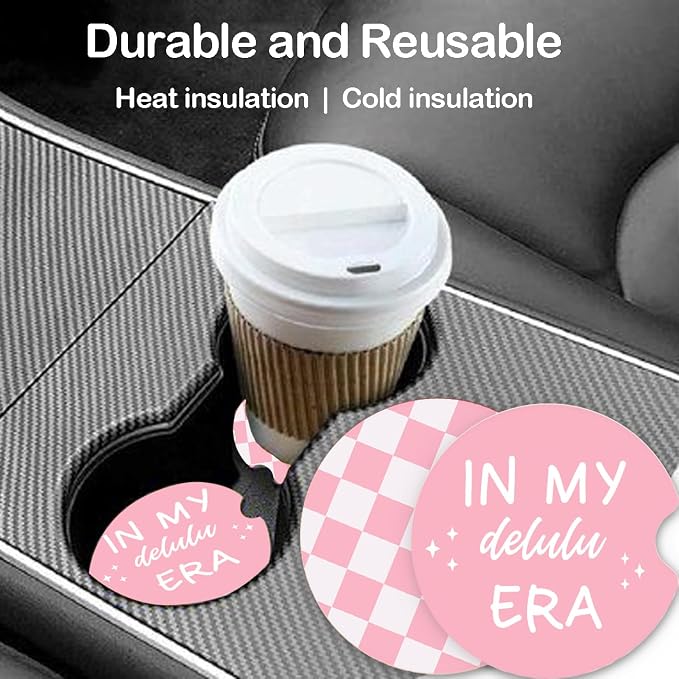 Ceramic Car Coasters – Absorbent Car Cup Holder Coaster Set for Women, Cute Aesthetic Car Accessories for Girls, 2 Pack (Deep Rose)