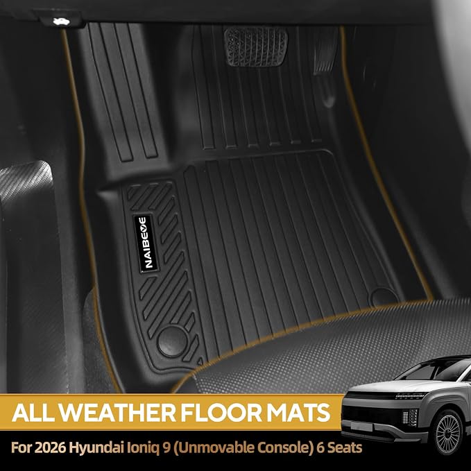 Naibeve Floor Mats for 2026 Hyundai Ioniq 9 6 Seats (Only Fixed Console) | All Weather Custom Fit Floor Mats, Cargo Mat, Backrest Mats (2nd Row Bucket Seats) Interior Protector accessories