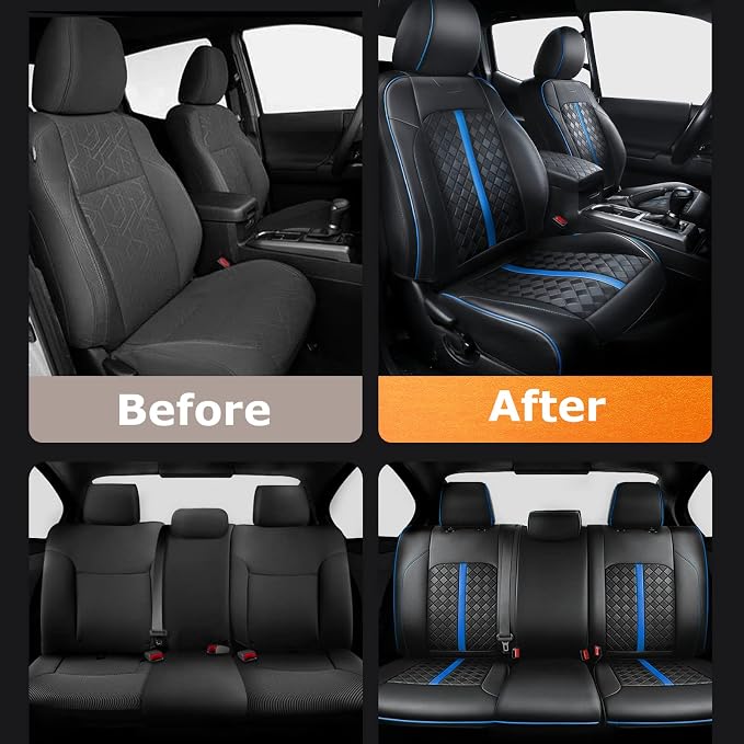 Carlimeki Leather Seat Covers Custom Fit for Tacoma Gen 3rd (2016-2023) | For Double & Crew Cab only - Fits SR, SR5, Limited, TRD Pro, TRD Sport, TRD Off-Road, Trail Special Edition - Fully Covered