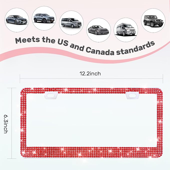 QUANQIUFEI 2 Pack Bling License Plate Frames, Sparkly Rhinestone Diamond Car License Plate Cover for Women, Stainless Steel Car Accessories with Glitter Crystal Caps (Light Siam)