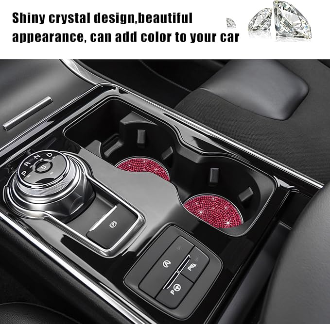 Ziciner 2PCS Bling Car Cup Holder Coaster, 2.73 Inch Anti-Slip Cup Insert Coasters, Crystal Rhinestone Auto Drink Cup Mat, Universal Interior Decor Car Accessories for Women Girls (Red)