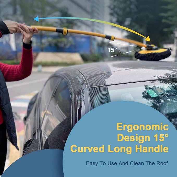 YeewayVeh Car Wash Brush with Long Handle, Microfiber Car Wash Mop with Replaceable Chenille Brush Head, Soft Cleaning Brush with 15° Curved Extension Pole Car Wash Kit for RV Truck Camper, Yellow | Extra Replaceable Chenille Head, 15° Curved Extension...
