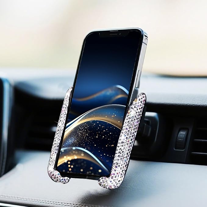 Bling Rhinestone Car Phone Holder, Mini Universal 360° Adjustable Auto Mount For Dash & Air Vent, Crystal Car Accessories For Women & Girls (White)