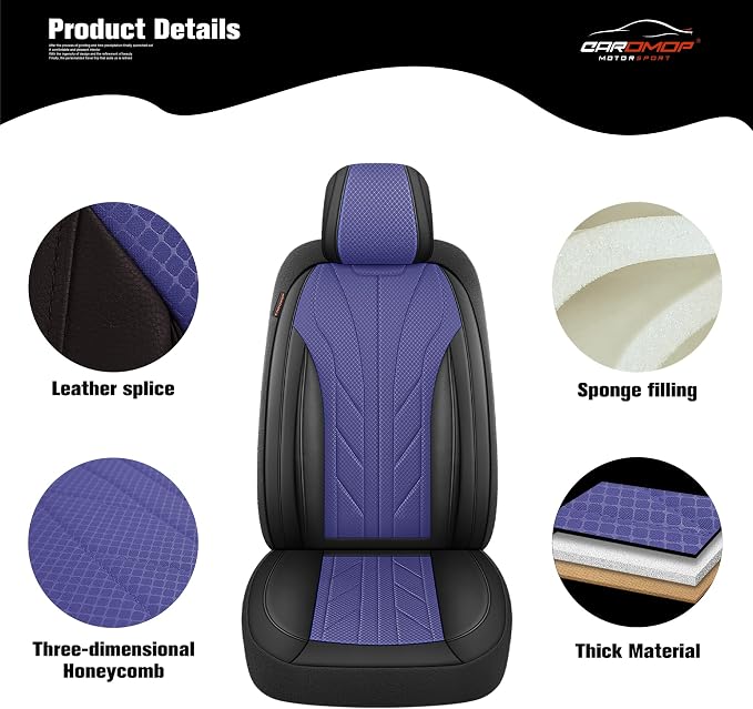 CAROMOP Breathable Cloth Fabric Car Seat Covers 2 Front Seats,Faux Leather 3D Foam Back Support Seat Cover for Car,Universal Seat Covers for Cars,Trucks,SUVs,Front Seat Armrests Compatible(Black/Blue)