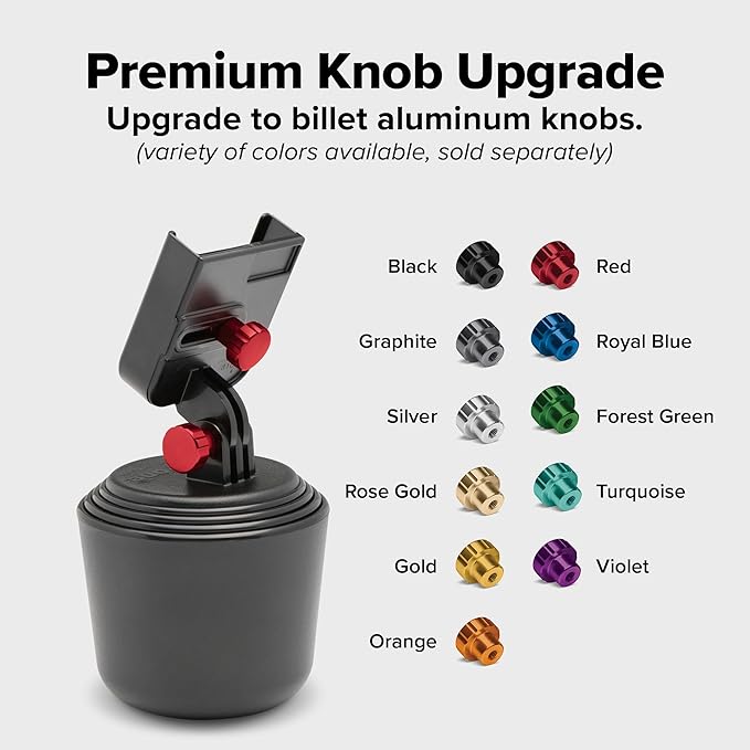 WeatherTech CupFone, Universal Cup Holder Phone Mount for Cars – Adjustable & Secure Fit with Open Access for Charging – Compatible with iPhone, Android - Metal Knobs, Graphite