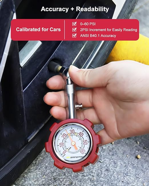 ATsafepro Tire Pressure Gauge, 5-60 PSI, ANSI B40.1 Certified, Extended 360° Swivel Head, Hold & Bleed Button, Dual Guard,Tire Gauges Fit for Cars and Motorcycles - Compact & Battery-Free