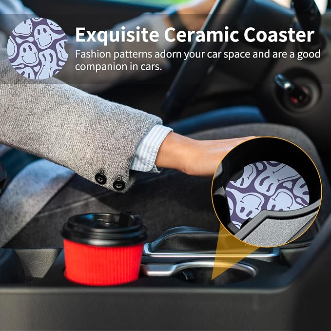 Car Coasters,Purple Smily Absorbent 2 Pack for Cup Holders with Finger Notch,2.56 inches Ceramics Heat Resistant Anti Slip Cork Base Car Drinks Coasters Auto Cup Holder(Blue Smily)