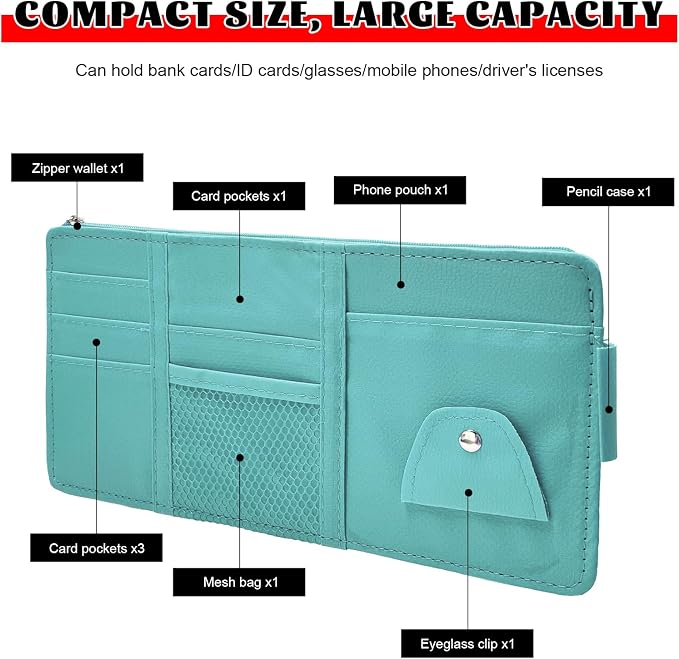 Car Sun Visor Organizer, Multifunctional Auto Visor Storage Bag with Net Pocket & Eyeglass Clamp, Waterproof Multi-Pocket Storage Pouch Ticket Organizer for Car Sun Visors (Blue)