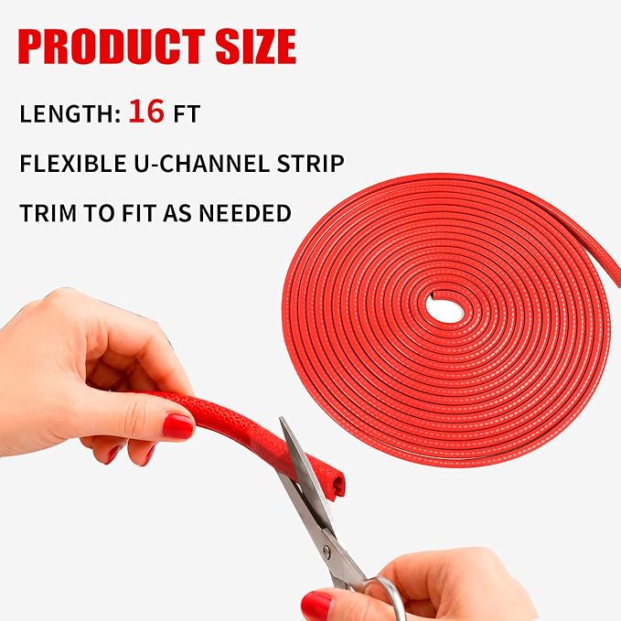 16.4 Ft Rubber Car Door Edge Guards, U Shape Edge Trim, Red | Flexible profile, cut to fit, parking ding shield, push on setup, fits most sedans SUVs trucks, automotive accessories