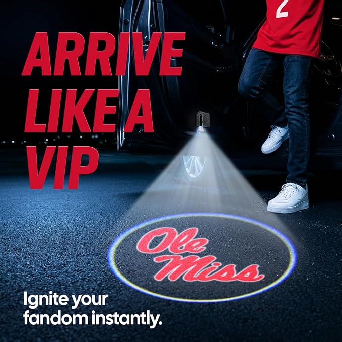 Sporticulture American Football Ole Miss Car Door Lights Logo Shadow Display - Officially Licensed NCAA Car Accessories - Show Your Team Pride - Battery Powered, Universal Fit