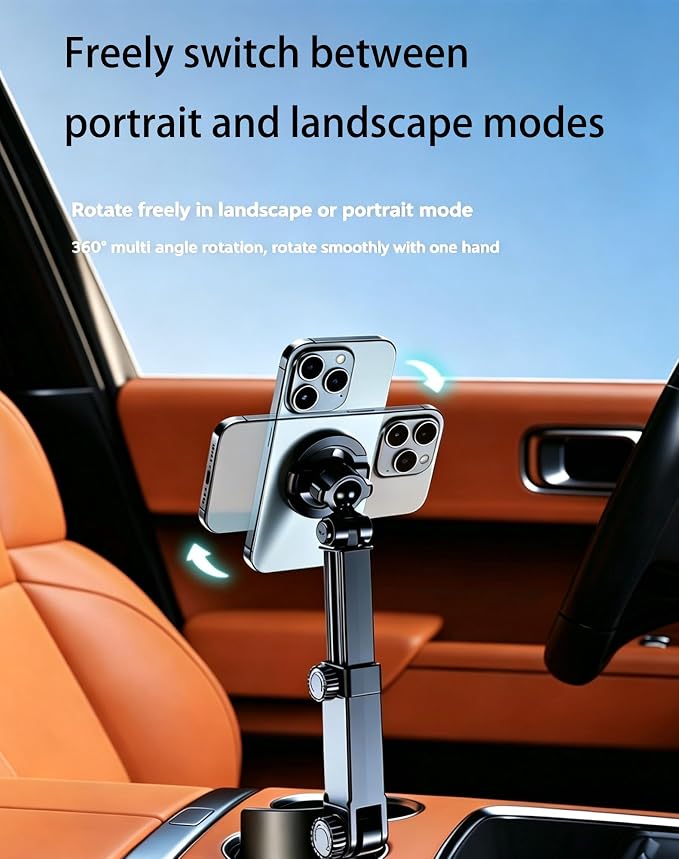 Car Cup Holder Phone Mount, 360° Adjustable N52 Magnetic (Standard) | Cup Holder Phone Mount for Car, 2 In 1 One Hand Operation Car Holder, Adjustable Base Cupholder Phone Holder for All Phones