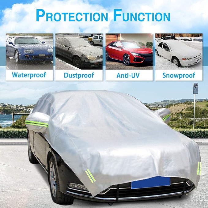 Half Car Cover with Cotton All Weather Car Body Cover Sunshade Cover Snow Cover Waterproof Snowproof Universal (Fit Sedan Length 176'' to 194'')