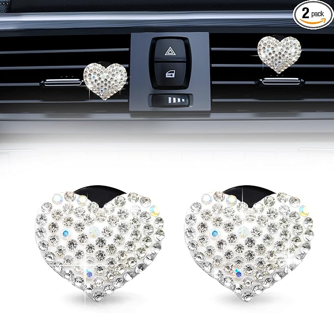 2Pcs Car Air Vent Clip, Bling Crystal Heart Charms Car Air Vent Clips, Car Air Conditioning Outlet Clip Decorative, Car Interior Decoration Accessories Universal for Women and Man (White)