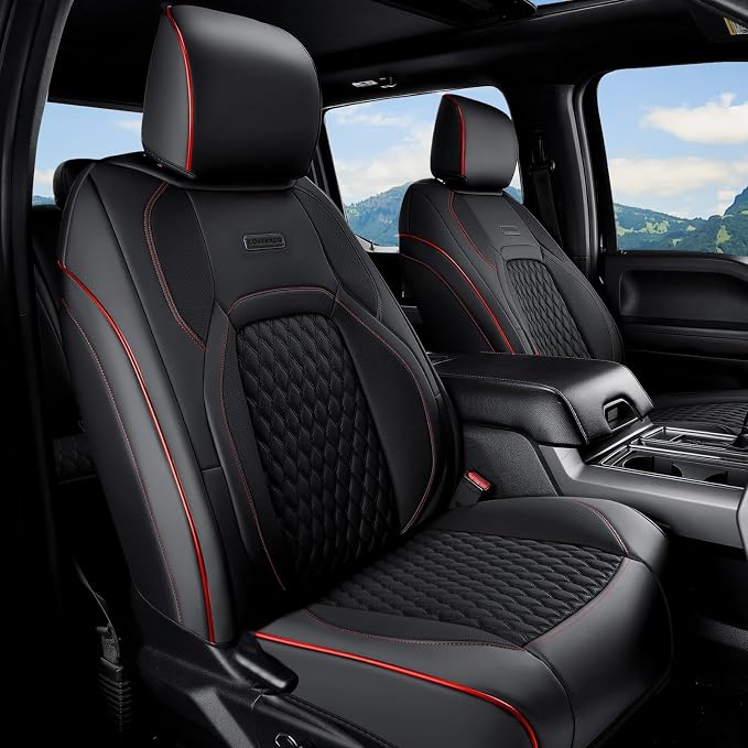 Coverado Chevy Chevrolet Silverado GMC Sierra Seat Covers, Custom Fit for 2007-2026 1500, 2015-2026 2500HD 3500HD Crew Double Extended Cab Truck, Faux Waterproof Leather Seat Covers (Front, Redline)