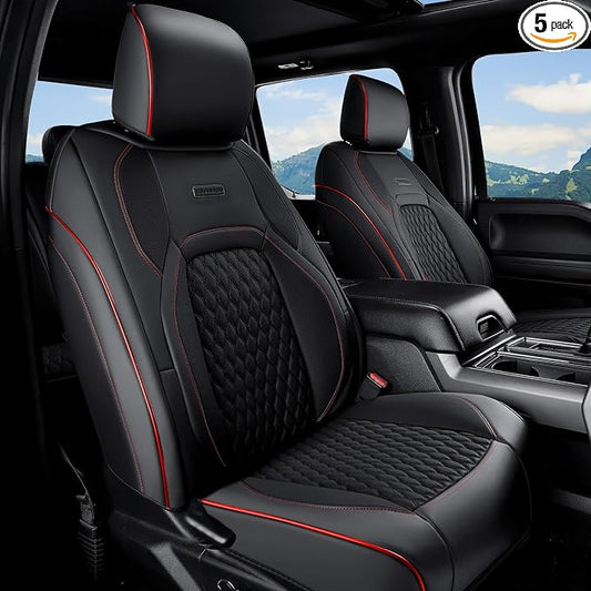 Coverado Chevy Chevrolet Silverado GMC Sierra Seat Covers Full Set, Custom Fit for 2014-2018 1500, 2015-2019 2500HD 3500HD Crew Double Extended Cab, Faux Waterproof Leather Seat Covers (Redline)