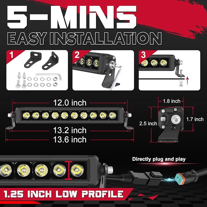 OFFROADTOWN 12 Inch 100W LED Light Bar Single Row Off Road Driving Lights Spot Bumper Grille Bars Slim LED Work Light with Wiring Harness for Truck Pickup UTV SUV Toyota RZR
