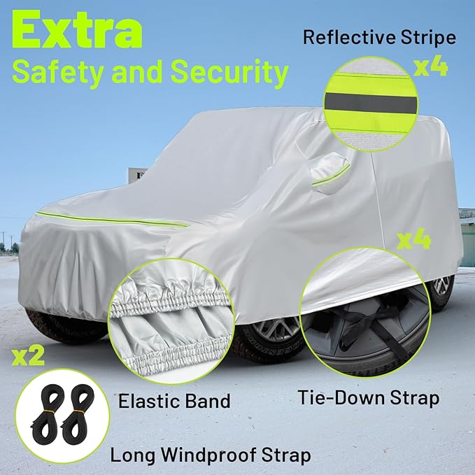 Favoto Car Cover All Weather for Jeep Wrangler 2 Door Waterproof | 6 Layers Heavy Duty Outdoor UV Rain Snow Protection with 4 Windproof Straps Zipper Universal Fit for Jeep (167"-177")