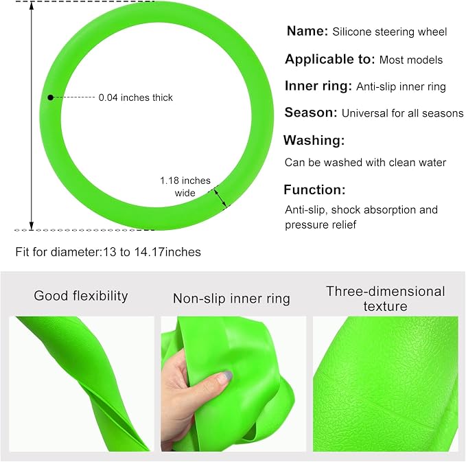 DXNQ Car Steering Wheel Cover, 13 to 14.17 inches Anti-Slip Silicone Steering Wheel Protector, Soft Flexible Shock-Absorbent Steering Wheel Protective Cover for Most Car Models (Green)