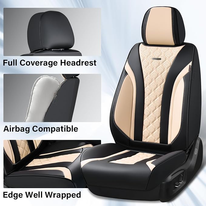 Coverado Seat Covers, Car Seat Covers Front Seats, Perforated Diamond Leather Car Seat Cover, Waterproof Car Seat Covers, 2 Pack Car Seat Protector Front Seat Cover Universal Fit Most Car, Black&Beige