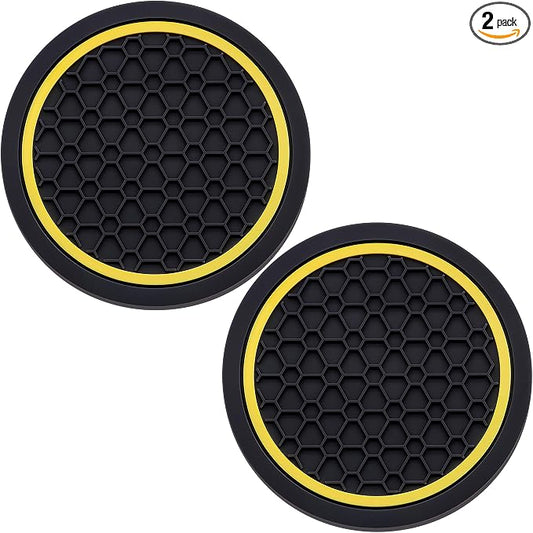 2-Piece Anti-Slip Car Cup Coaster Set – 2.75 Inch Auto Insert Drink Mats, Perfect for Coffee & Beverages – Stylish Interior Decor for Women & Girls (Black & Yellow)