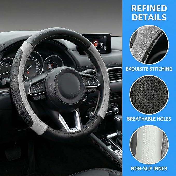Osilly Car Steering Wheel Cover, 14.5-15" Leather Breathable Anti-Slip Stylish Steering Wheel Protector, Comfortable Auto Interior Decoration Accessories, Universal for SUV Van Truck (Black Gray)