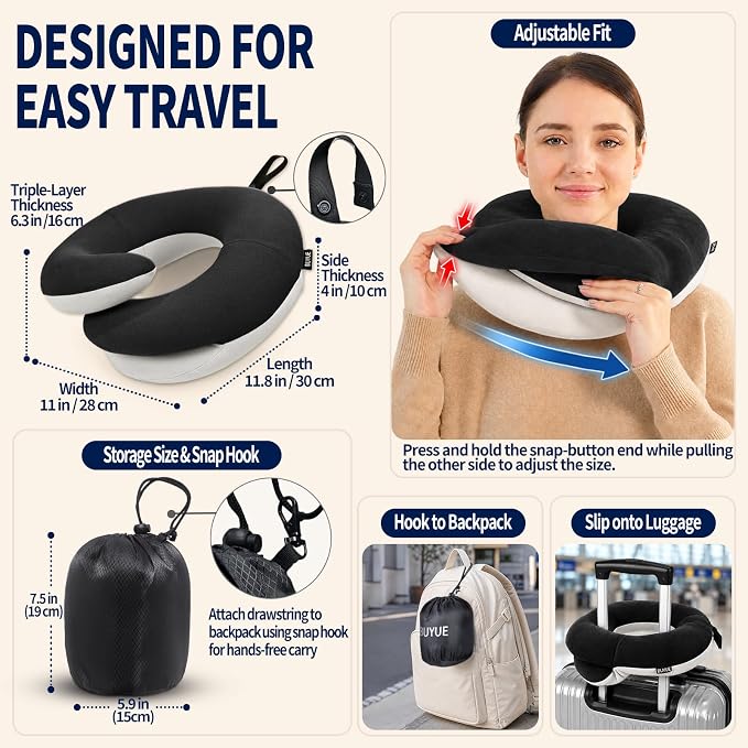 BUYUE Travel Neck Pillows for Airplanes, Memory Foam 360° Head Support Sleep for Long Flight, Skin-Friendly & Breathable, Kit with Eye Mask, Earplugs and Storage Bag (Adult, Black, 90+ lbs)