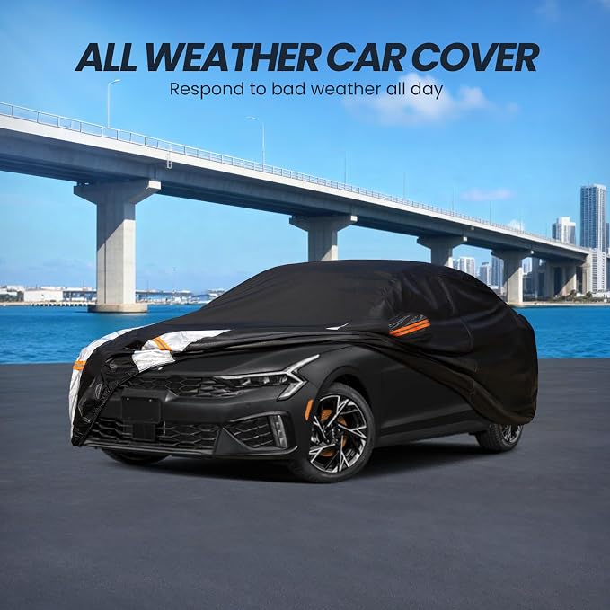 Multi-Layer Car Cover Custom Fit for Kia K5(2020-2026), 100% Waterproof All Weather for Automobiles, Gift with Towel, Heavy Duty Car Covers for Rain Sun UV Protection with Door Zipper