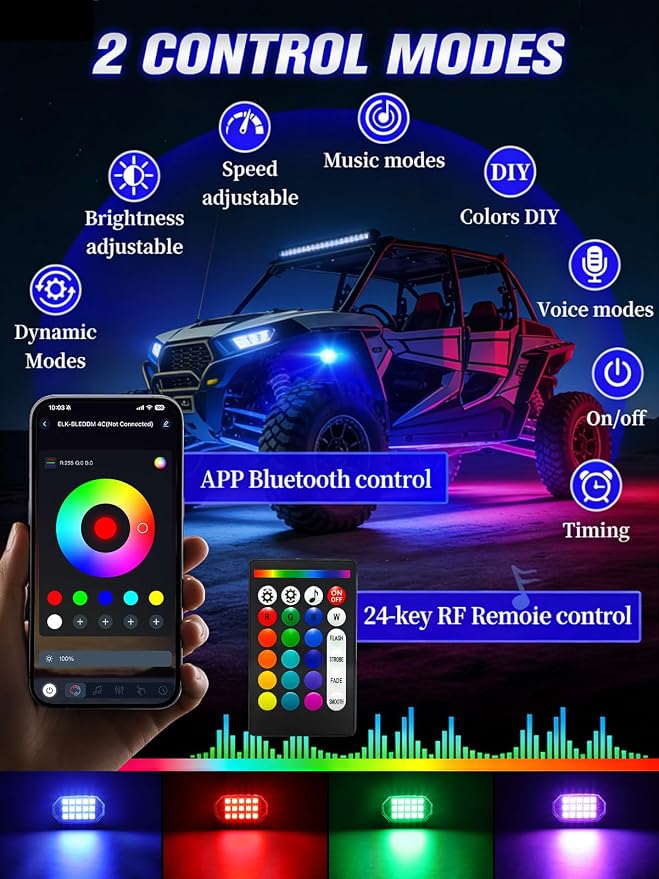 4 Pods RGB LED Rock Lights with APP/RF Remote Control High Brights Waterproof Underglow Multicolor Zone Neon Exterior Rock Lights for 12V Trucks Jeep UTV ATV RZR Offroad Pickup SUV Accessory